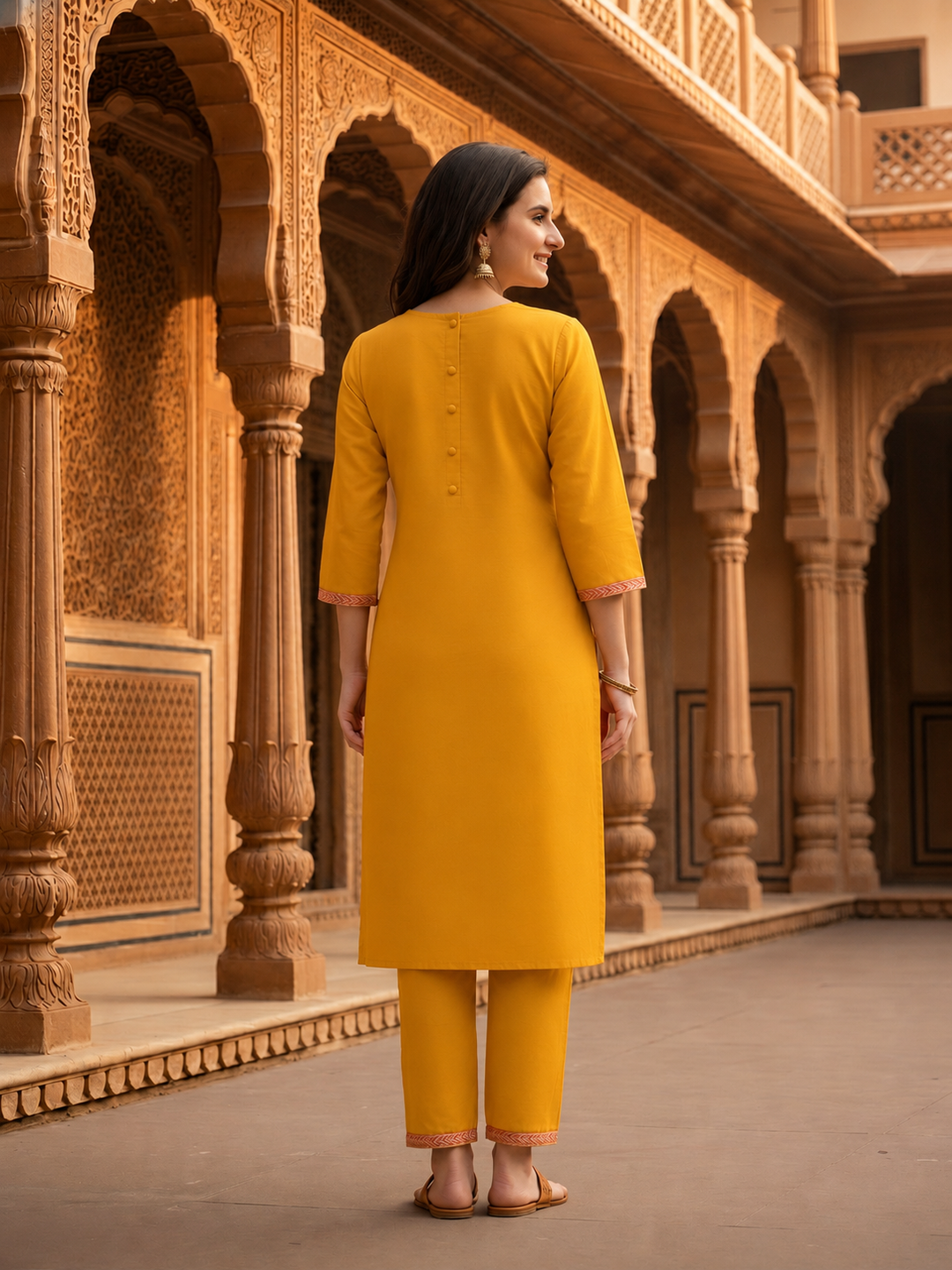 Solid Embroidered Mirror Work Straight Kurta with Pyjamas and Dupatta- Mustard