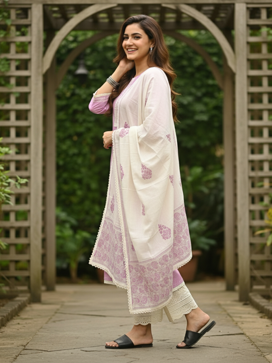 Solid Straight Kurta with Schiffli Palazzo and Dupatta- Pink