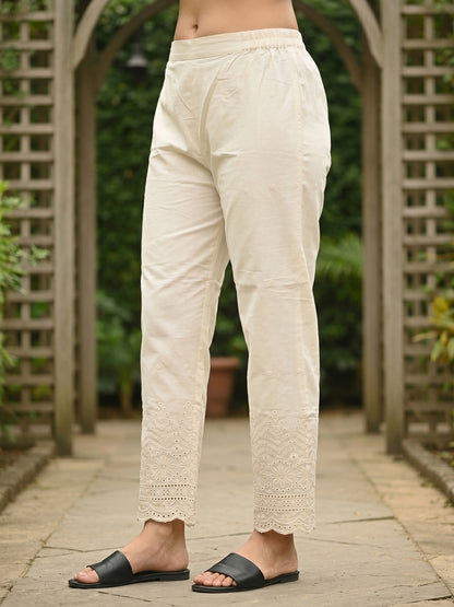 Solid Straight Kurta with Schiffli Palazzo and Dupatta- Pink