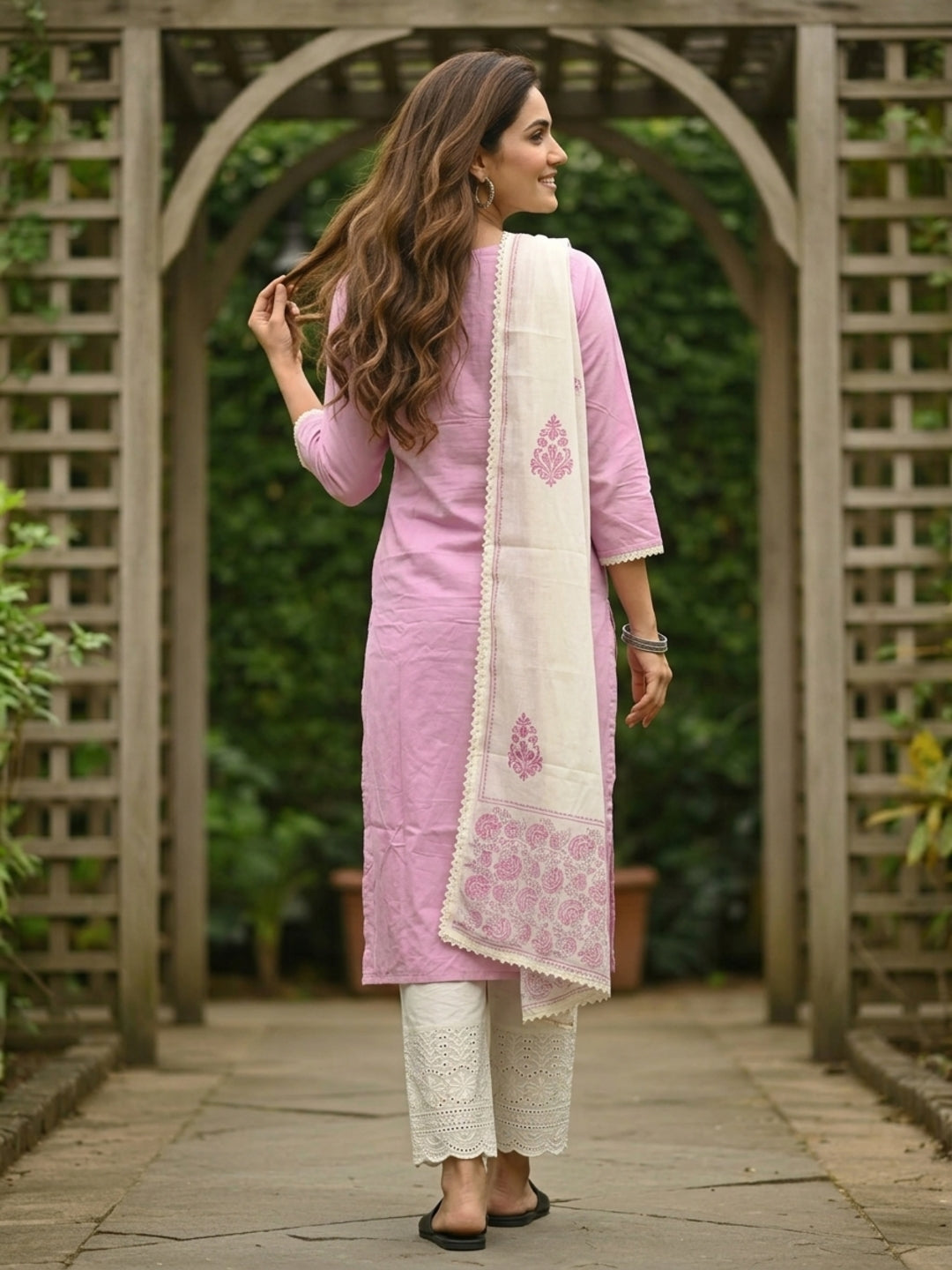 Solid Straight Kurta with Schiffli Palazzo and Dupatta- Pink