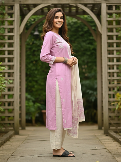 Solid Straight Kurta with Schiffli Palazzo and Dupatta- Pink