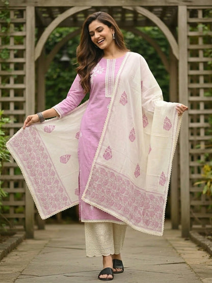 Solid Straight Kurta with Schiffli Palazzo and Dupatta- Pink