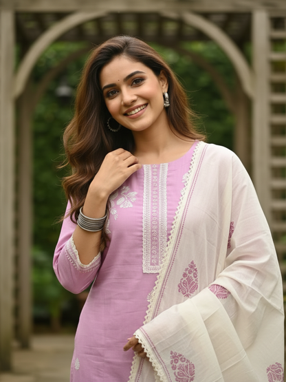 Solid Straight Kurta with Schiffli Palazzo and Dupatta- Pink