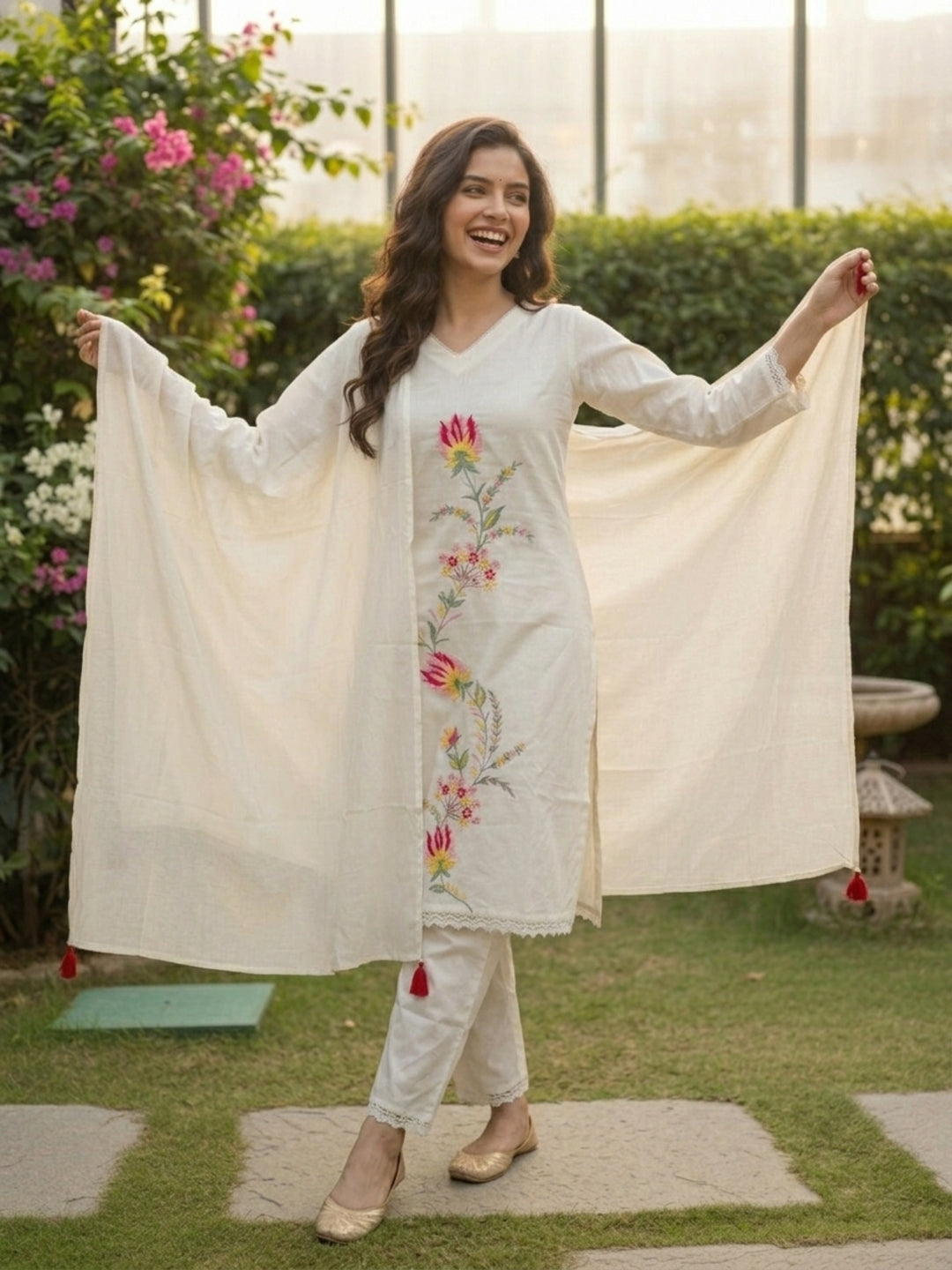 Solid Embroidered Straight Kurta with Pyjamas and Dupatta- Cream