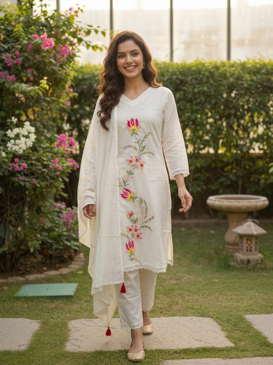 Solid Embroidered Straight Kurta with Pyjamas and Dupatta- Cream