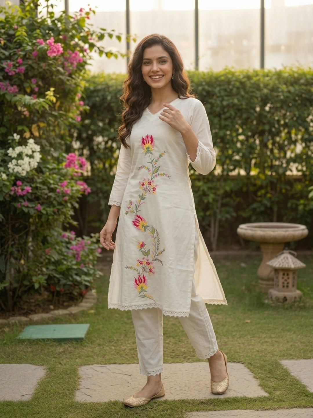Solid Embroidered Straight Kurta with Pyjamas and Dupatta- Cream