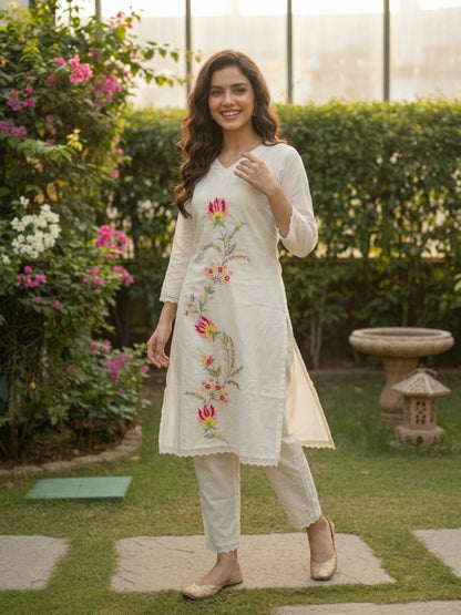 Solid Embroidered Straight Kurta with Pyjamas and Dupatta- Cream