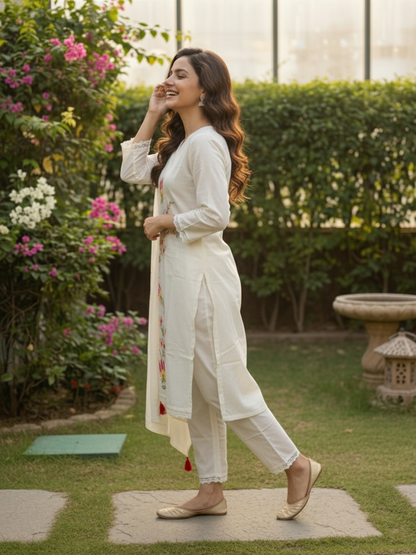 Solid Embroidered Straight Kurta with Pyjamas and Dupatta- Cream