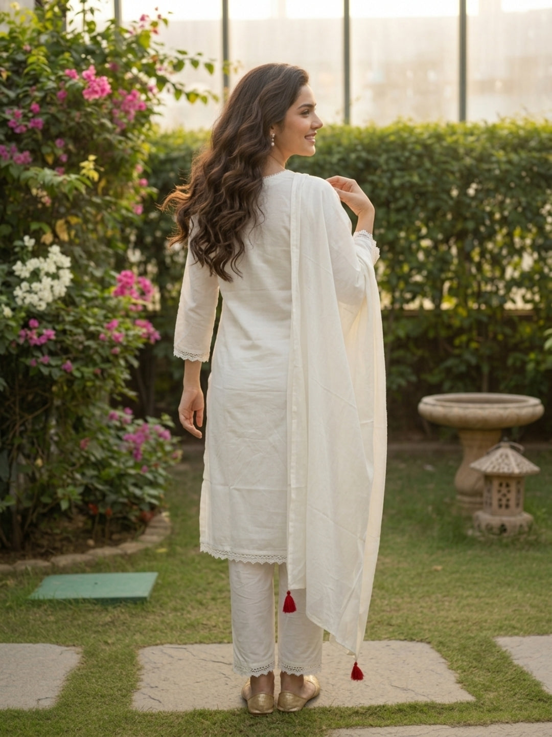Solid Embroidered Straight Kurta with Pyjamas and Dupatta- Cream