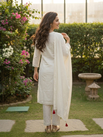 Solid Embroidered Straight Kurta with Pyjamas and Dupatta- Cream