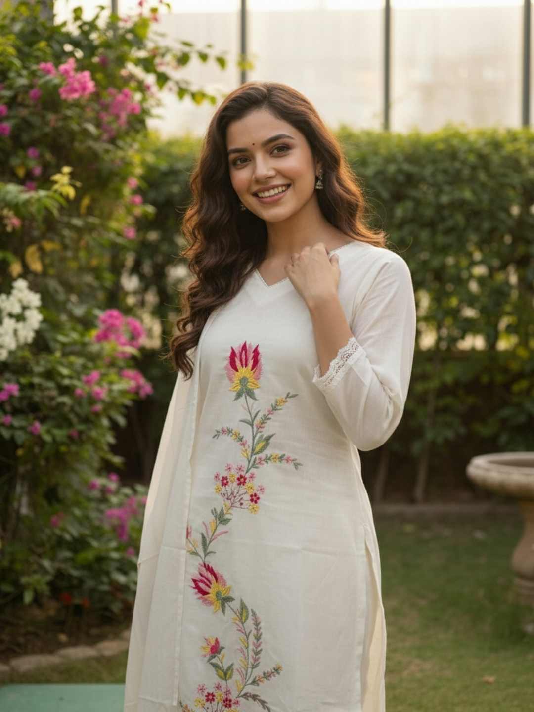 Solid Embroidered Straight Kurta with Pyjamas and Dupatta- Cream
