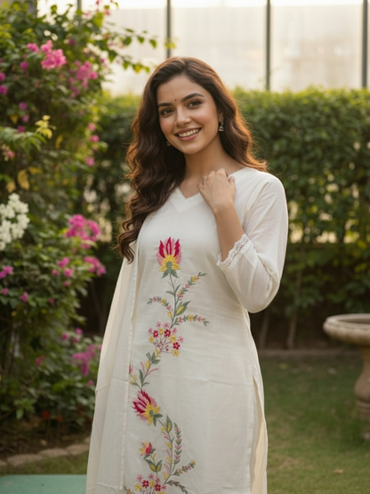 Solid Embroidered Straight Kurta with Pyjamas and Dupatta- Cream