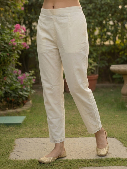 Solid Embroidered Straight Kurta with Pyjamas and Dupatta- Cream