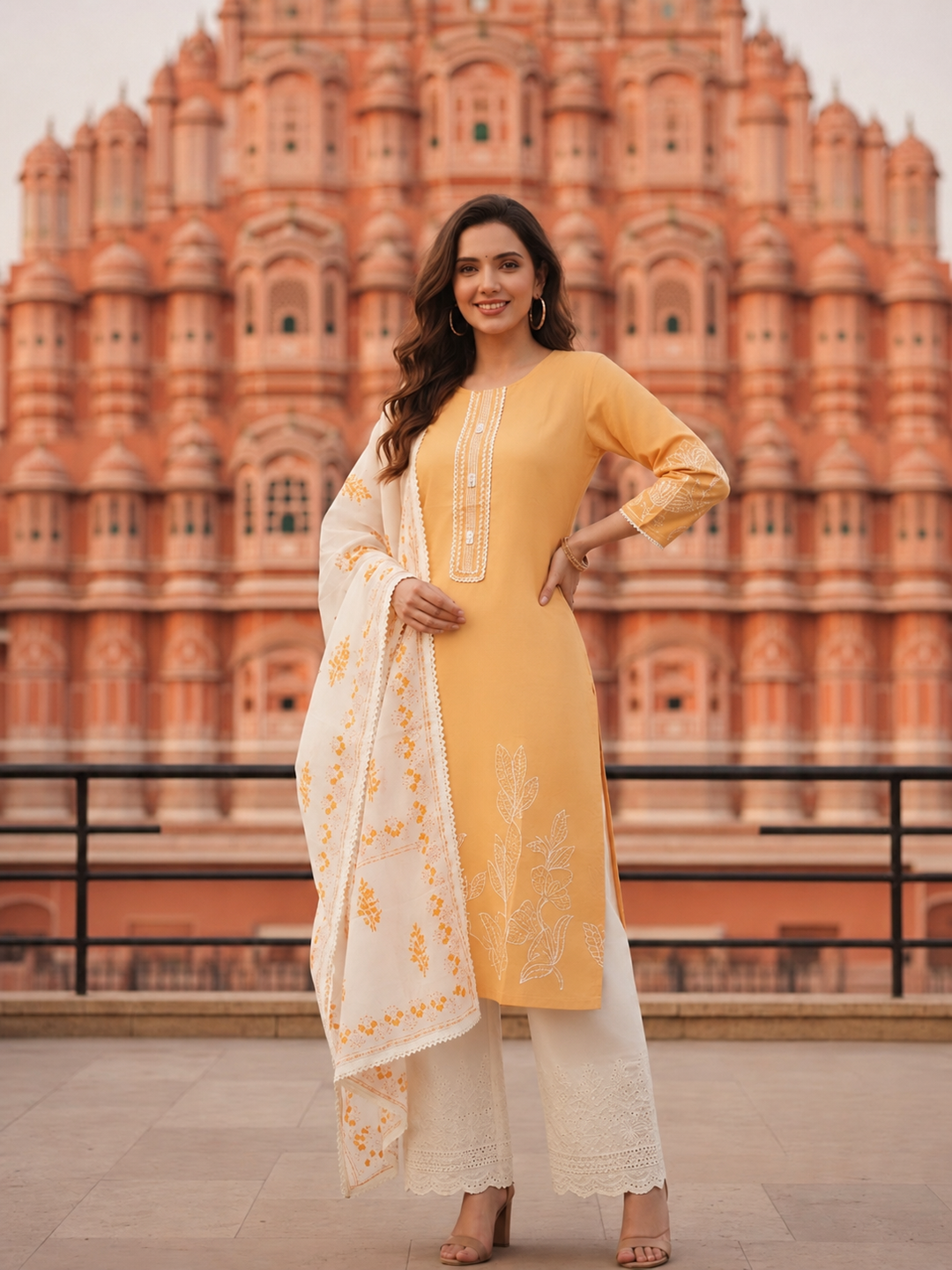 Floral Embroidered Straight Kurta with Pant and Dupatta- Pastel Yellow