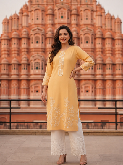 Floral Embroidered Straight Kurta with Pant and Dupatta- Pastel Yellow