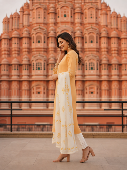 Floral Embroidered Straight Kurta with Pant and Dupatta- Pastel Yellow