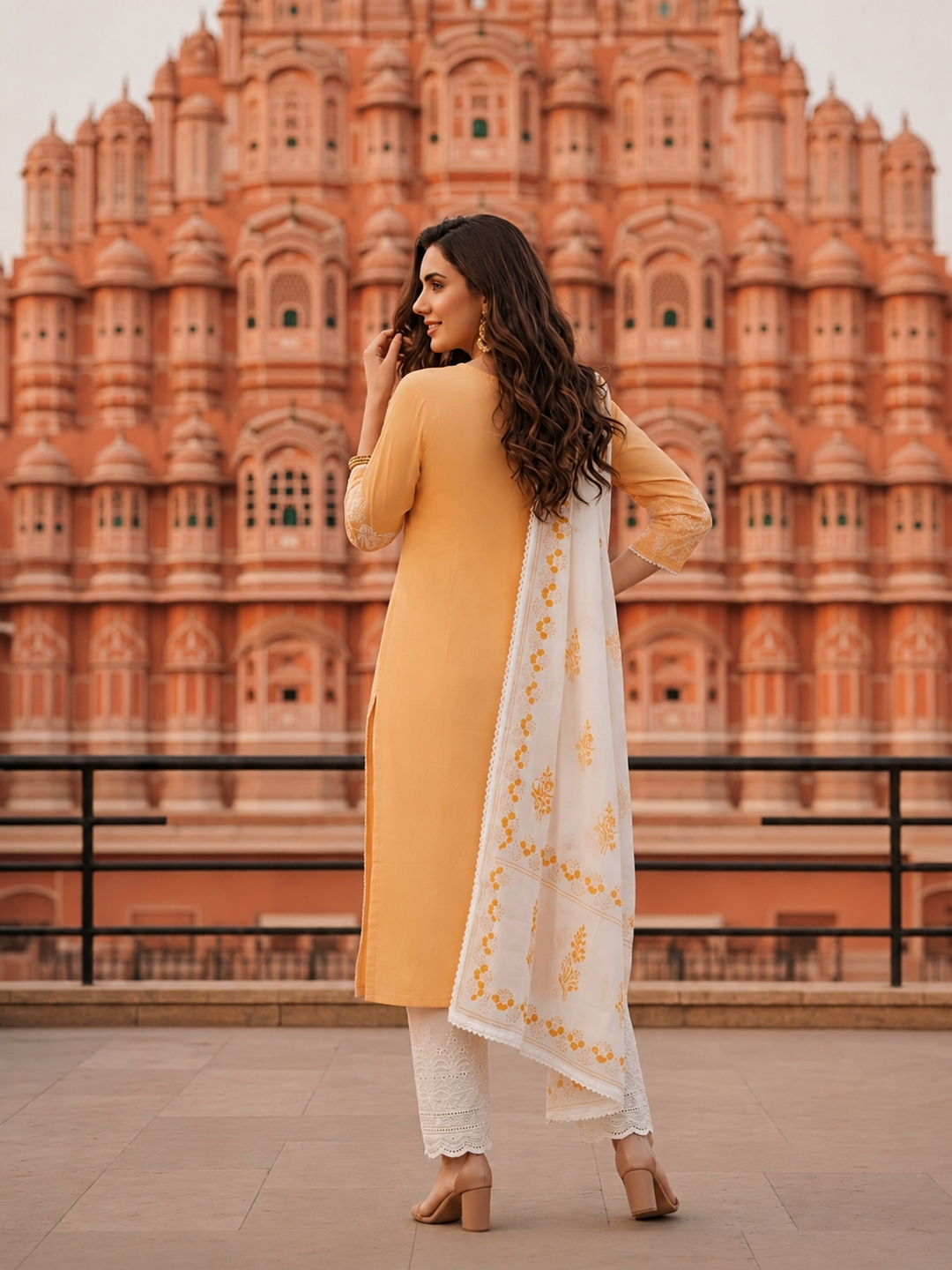 Floral Embroidered Straight Kurta with Pant and Dupatta- Pastel Yellow