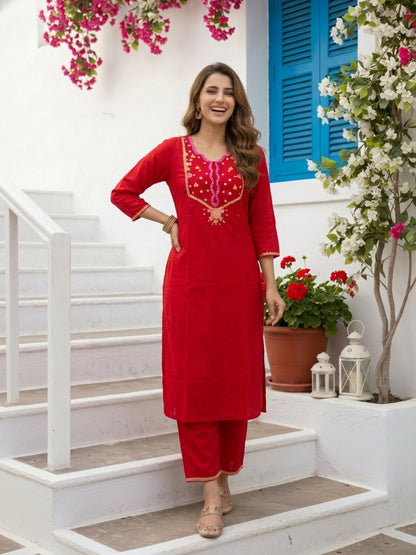 Red Solid Swiss Dot Cotton Mirror Work Embroidered Straight Kurta with Pyjama & Dupatta
