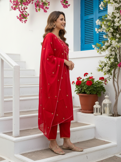 Red Solid Swiss Dot Cotton Mirror Work Embroidered Straight Kurta with Pyjama & Dupatta