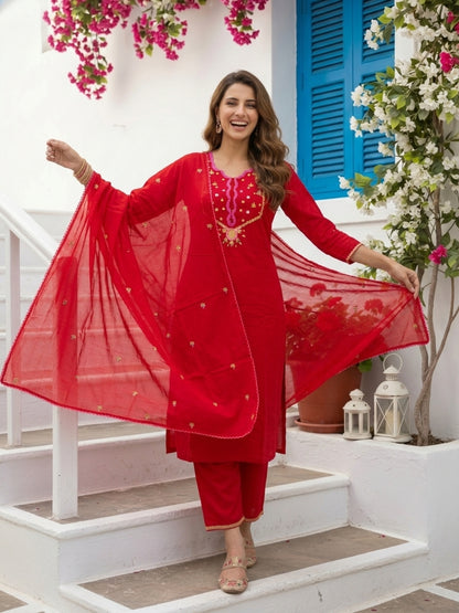 Red Solid Swiss Dot Cotton Mirror Work Embroidered Straight Kurta with Pyjama & Dupatta