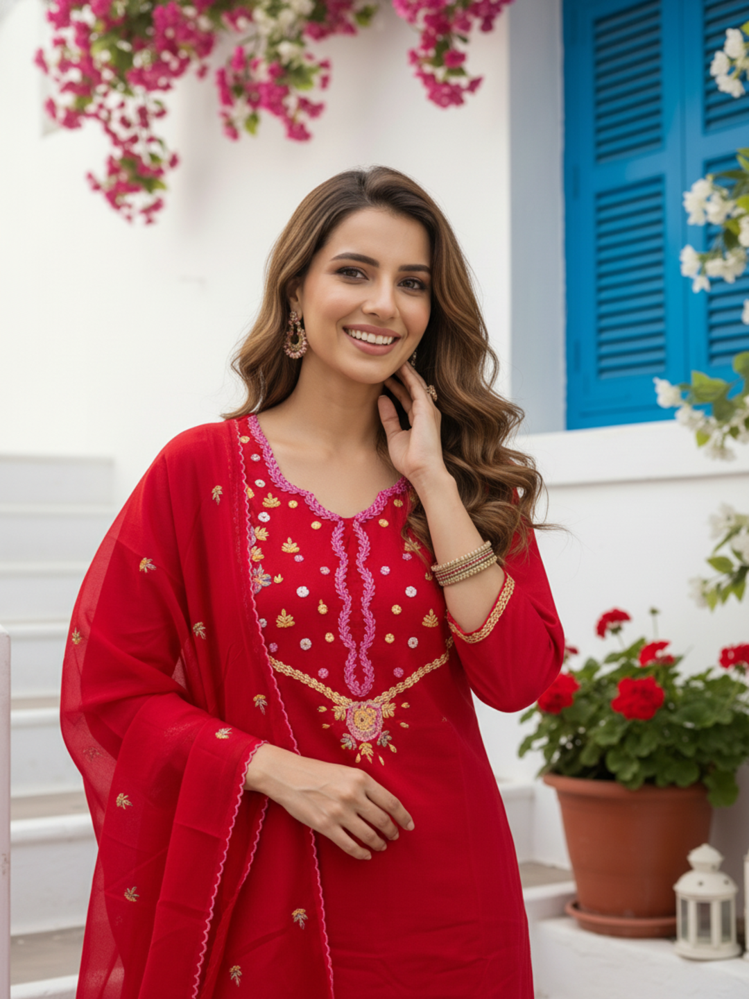 Red Solid Swiss Dot Cotton Mirror Work Embroidered Straight Kurta with Pyjama & Dupatta