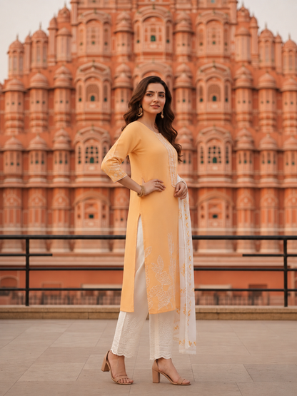Solid Straight Kurta with Pyjamas and Dupatta- Rust