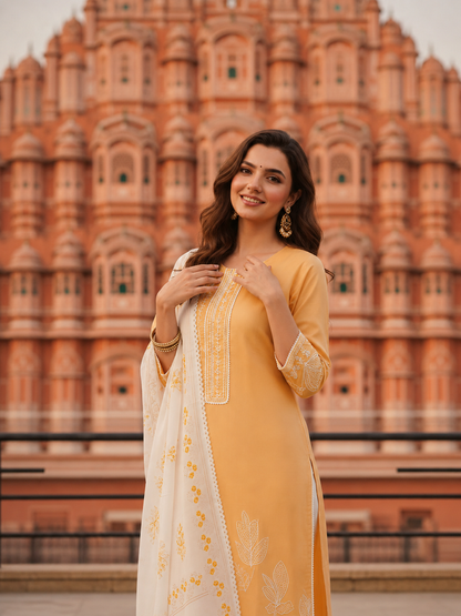 Solid Straight Kurta with Pyjamas and Dupatta- Rust