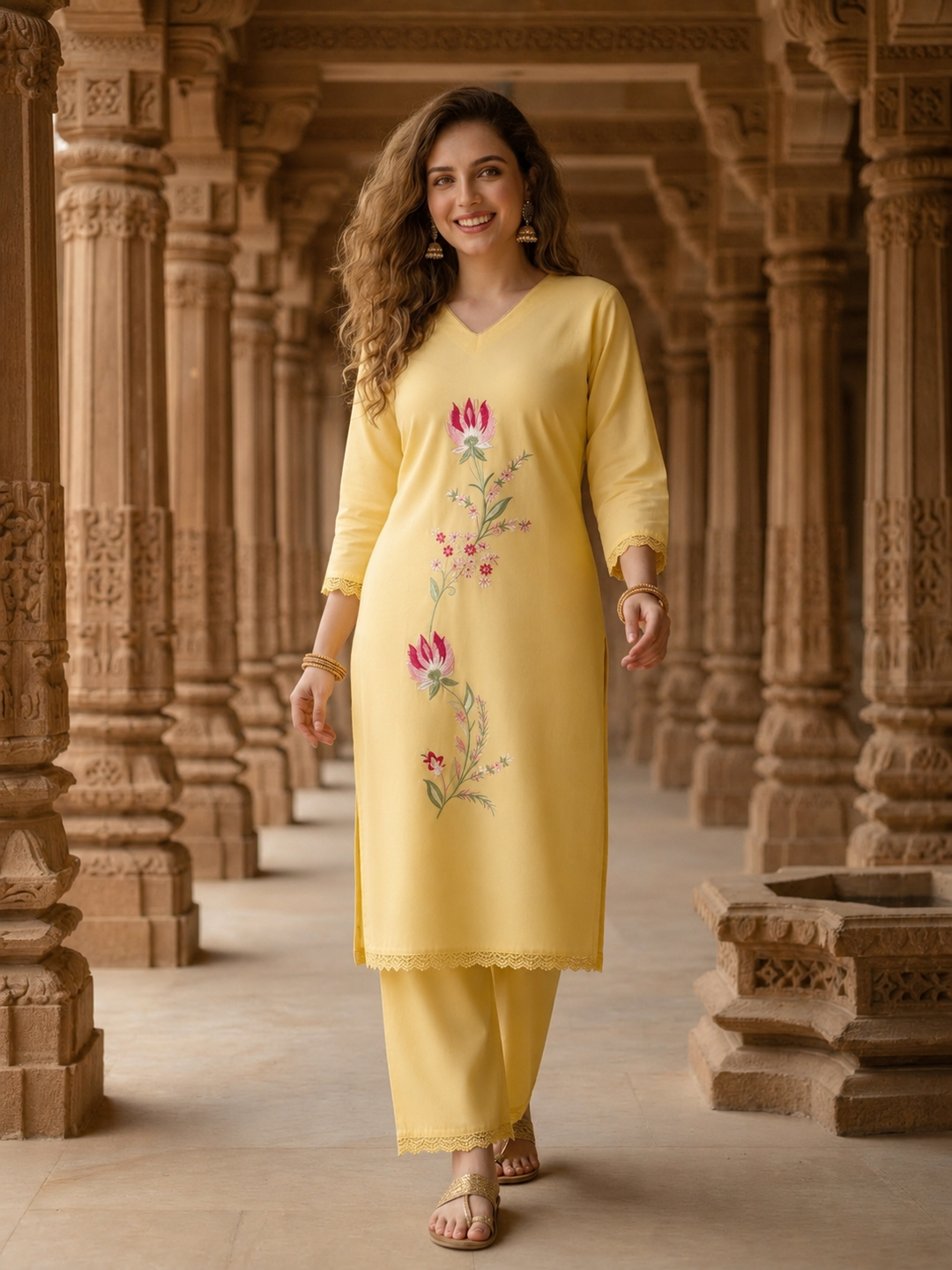 Solid Embroidered Straight Kurta with Pyjamas and Dupatta- Yellow