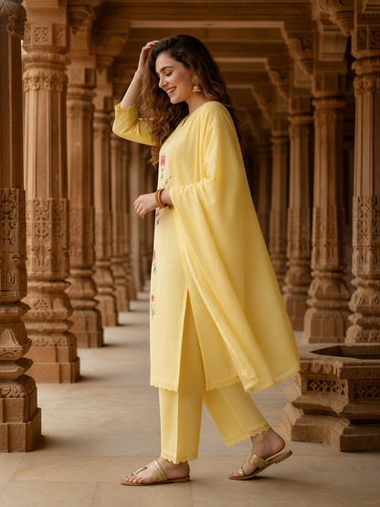 Solid Embroidered Straight Kurta with Pyjamas and Dupatta- Yellow