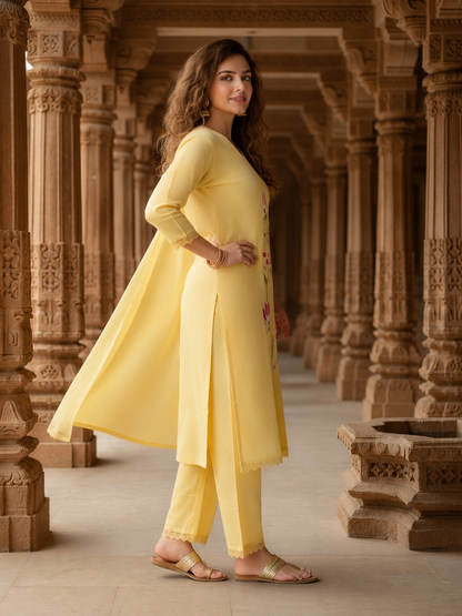 Solid Embroidered Straight Kurta with Pyjamas and Dupatta- Yellow