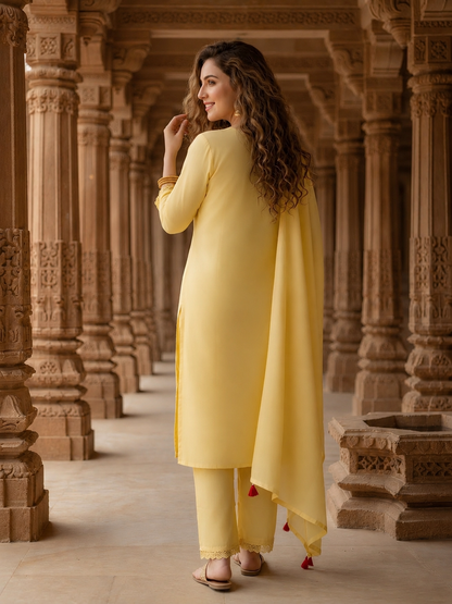 Solid Embroidered Straight Kurta with Pyjamas and Dupatta- Yellow