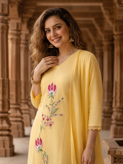 Solid Embroidered Straight Kurta with Pyjamas and Dupatta- Yellow