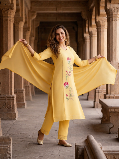 Solid Embroidered Straight Kurta with Pyjamas and Dupatta- Yellow