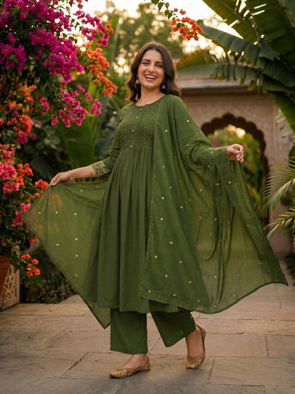 Olive Green Embellished Kurta Set with Pant & Dupatta
