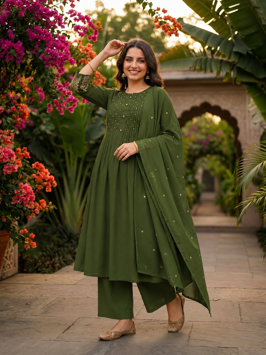 Olive Green Embellished Kurta Set with Pant & Dupatta