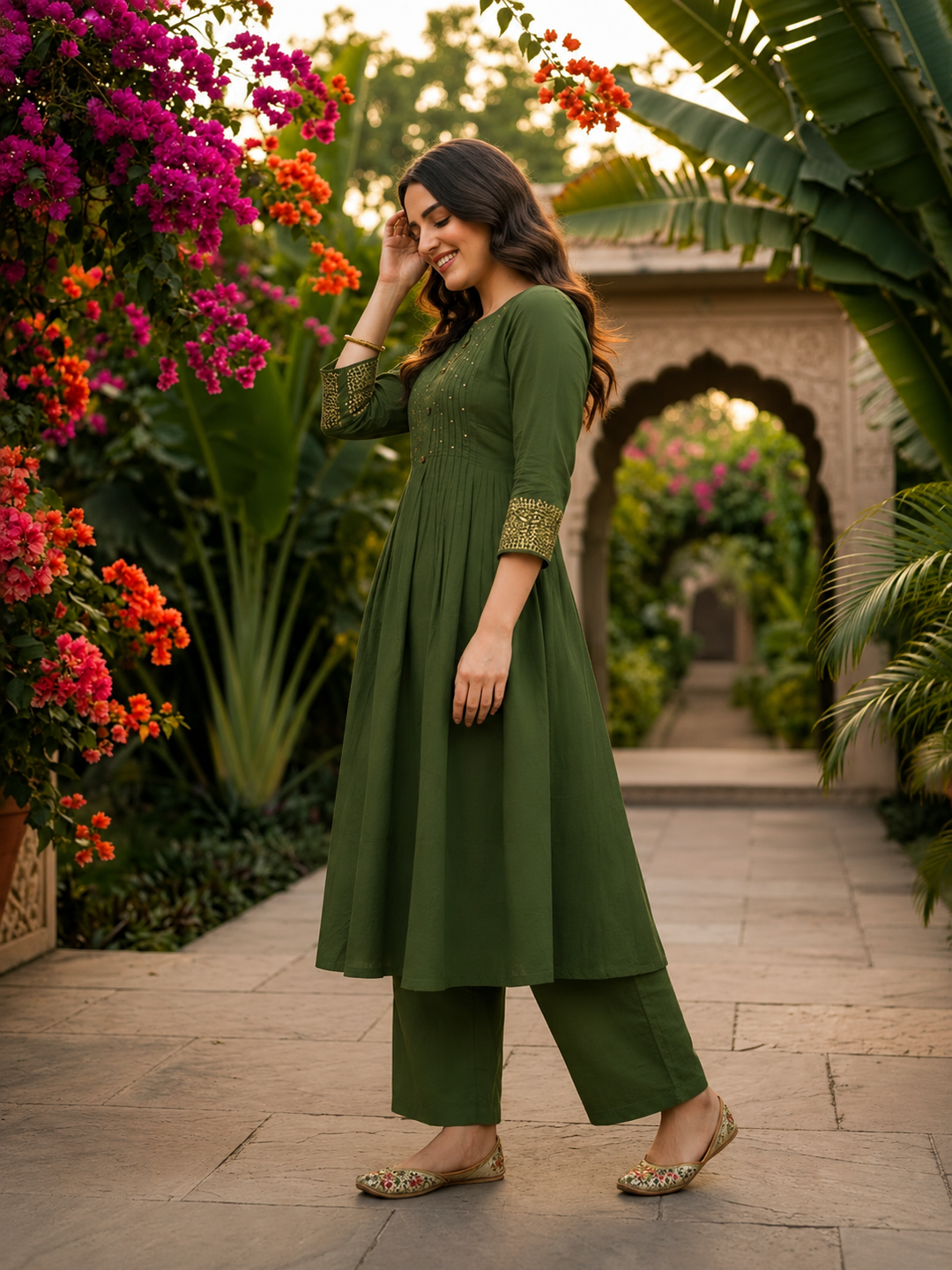 Olive Green Embellished Kurta Set with Pant & Dupatta