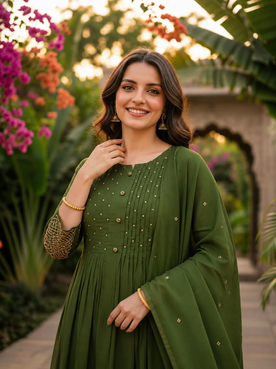 Olive Green Embellished Kurta Set with Pant & Dupatta