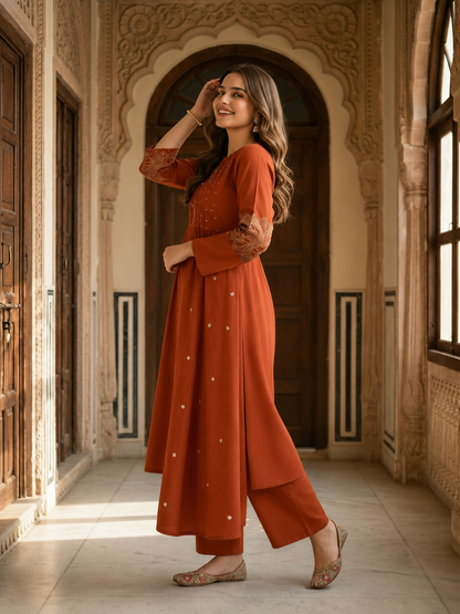 Solid Straight Kurta with Pyjamas and Dupatta- Maroon