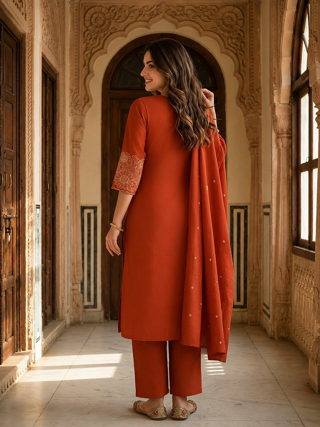 Solid Straight Kurta with Pyjamas and Dupatta- Maroon