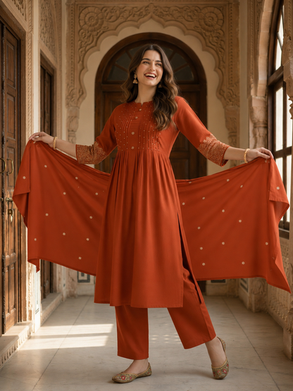 Solid Straight Kurta with Pyjamas and Dupatta- Maroon