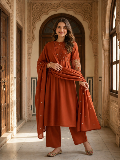Solid Straight Kurta with Pyjamas and Dupatta- Maroon