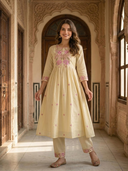 Floral Embroidered A-line Kurta with Pant and Dupatta- Cream