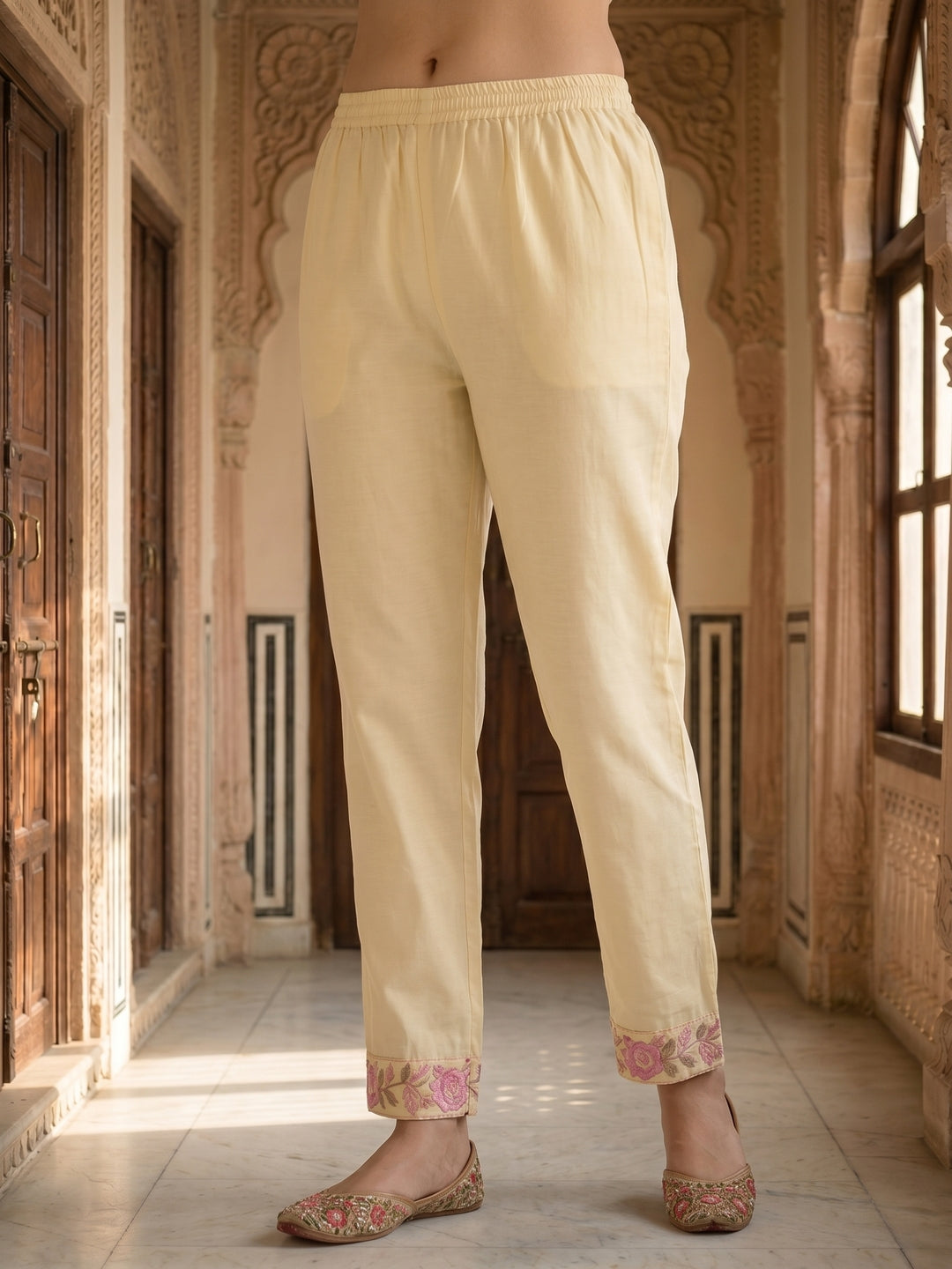 Floral Embroidered A-line Kurta with Pant and Dupatta- Cream