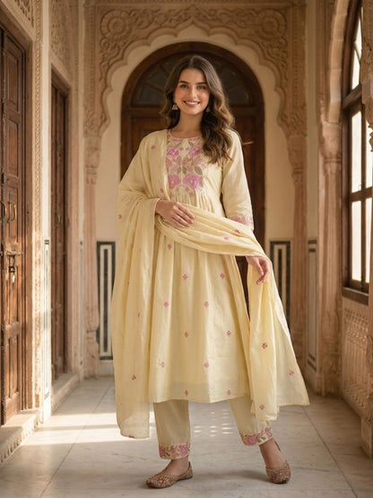 Floral Embroidered A-line Kurta with Pant and Dupatta- Cream