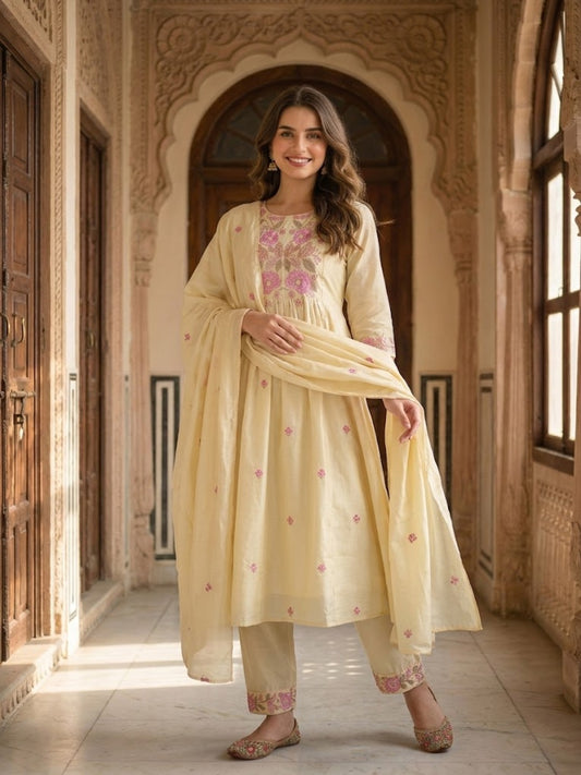 Floral Embroidered A-line Kurta with Pant and Dupatta- Cream