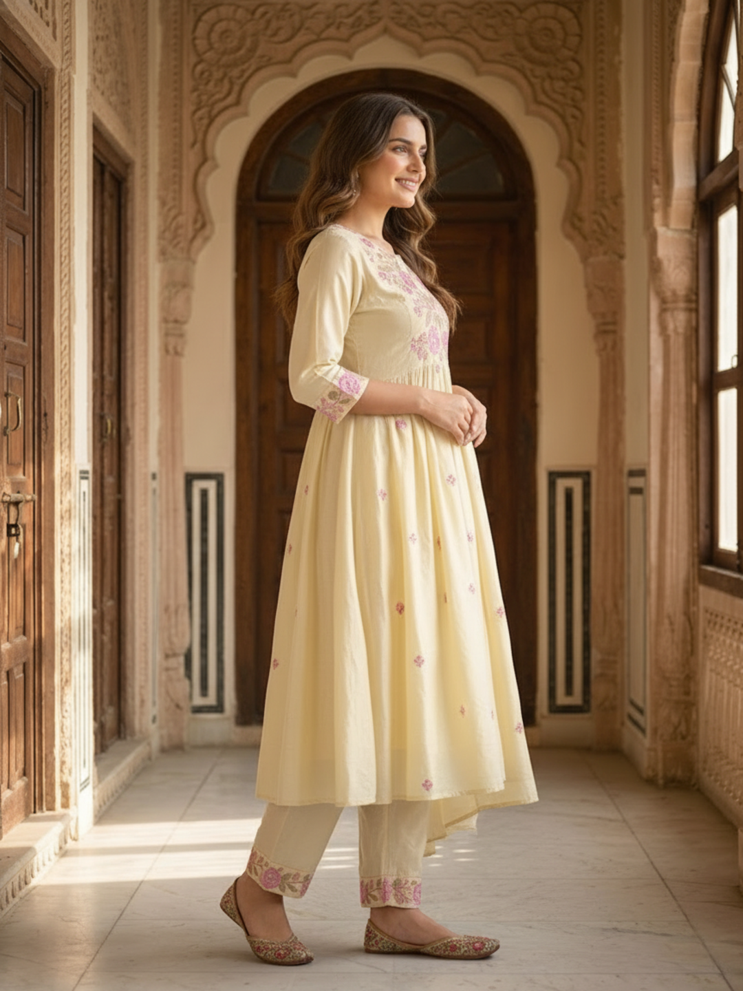 Floral Embroidered A-line Kurta with Pant and Dupatta- Cream