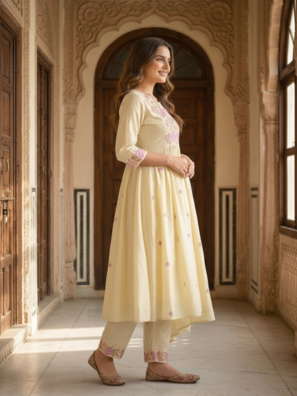 Floral Embroidered A-line Kurta with Pant and Dupatta- Cream