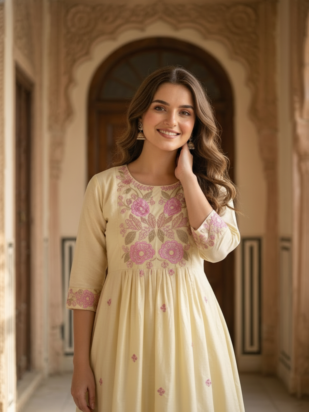 Floral Embroidered A-line Kurta with Pant and Dupatta- Cream
