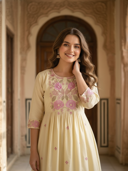 Floral Embroidered A-line Kurta with Pant and Dupatta- Cream