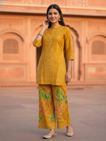 Ethnic Motif Printed Straight Kurta with Wide-Leg Pants - Mustard Yellow